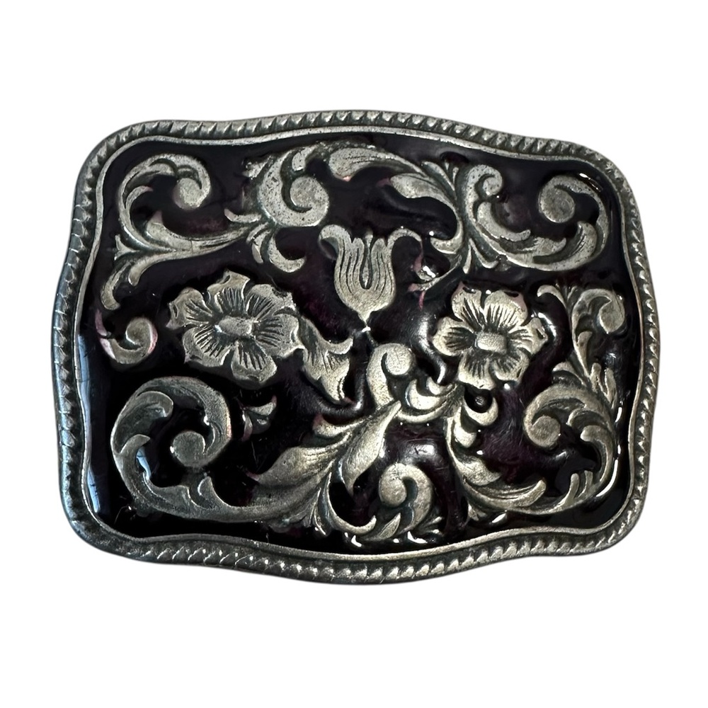 Italian Enamel Silver Tone Metal Burgundy Belt Buckle Unisex 3”x2”